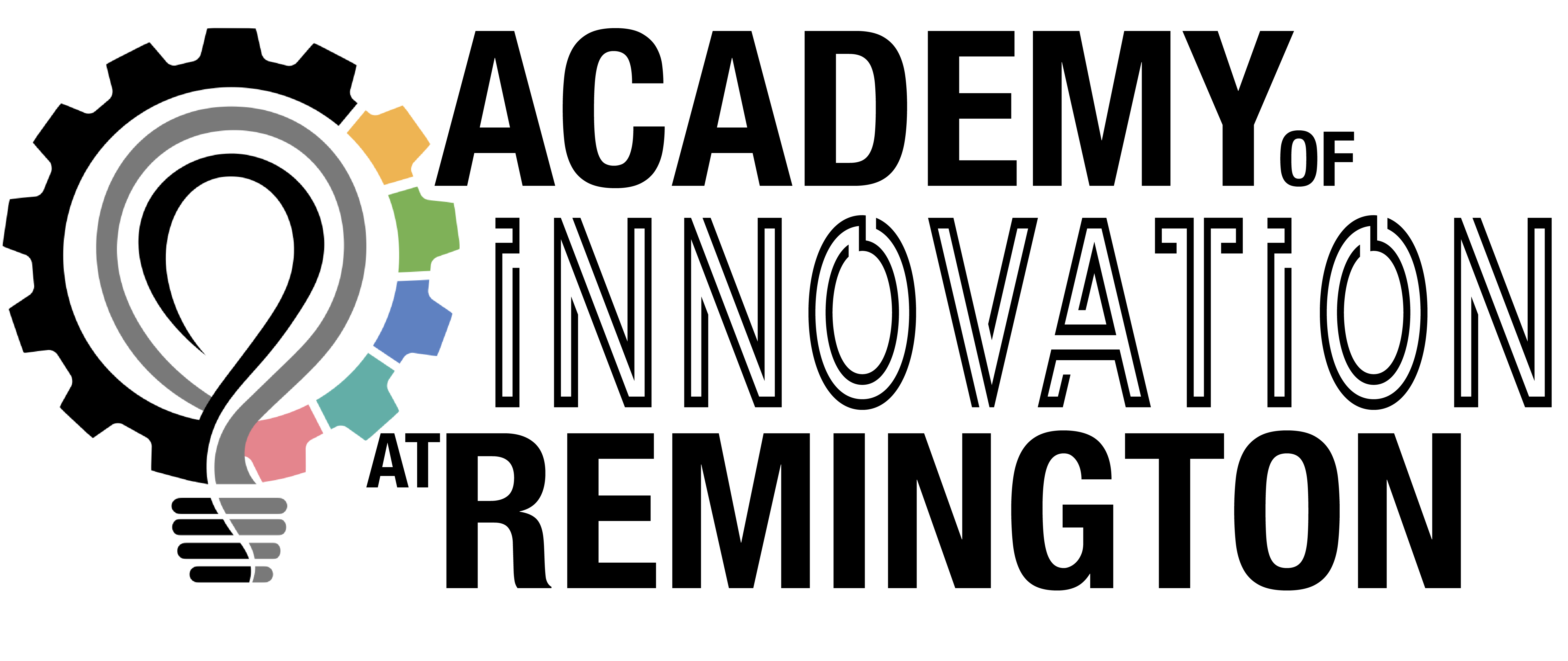 Logo for the Academy of Innovation at Remington which includes a lightbulb and gear